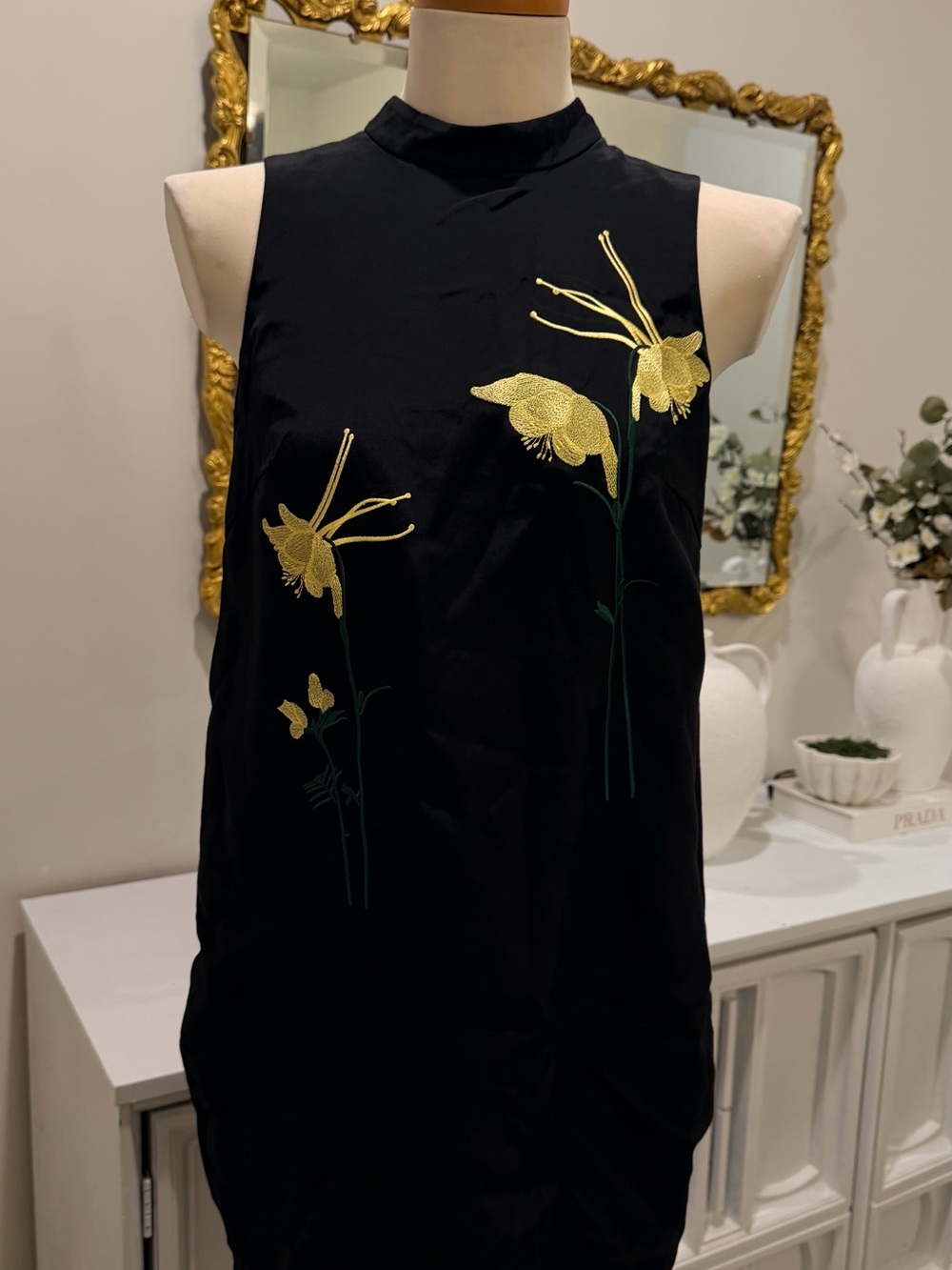 Black Sleeveless Shift Dress with Yellow Floral Embroidery — Women - Picture 10 of 13